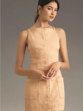 NWT Maeve Anthropologie High Square Neck Denim Peach Button-Front Mini Dress
